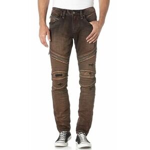NWT Rock Revival Mens Daviday S203 Moto Skinny Dark Brown Straight Leg - 38x32